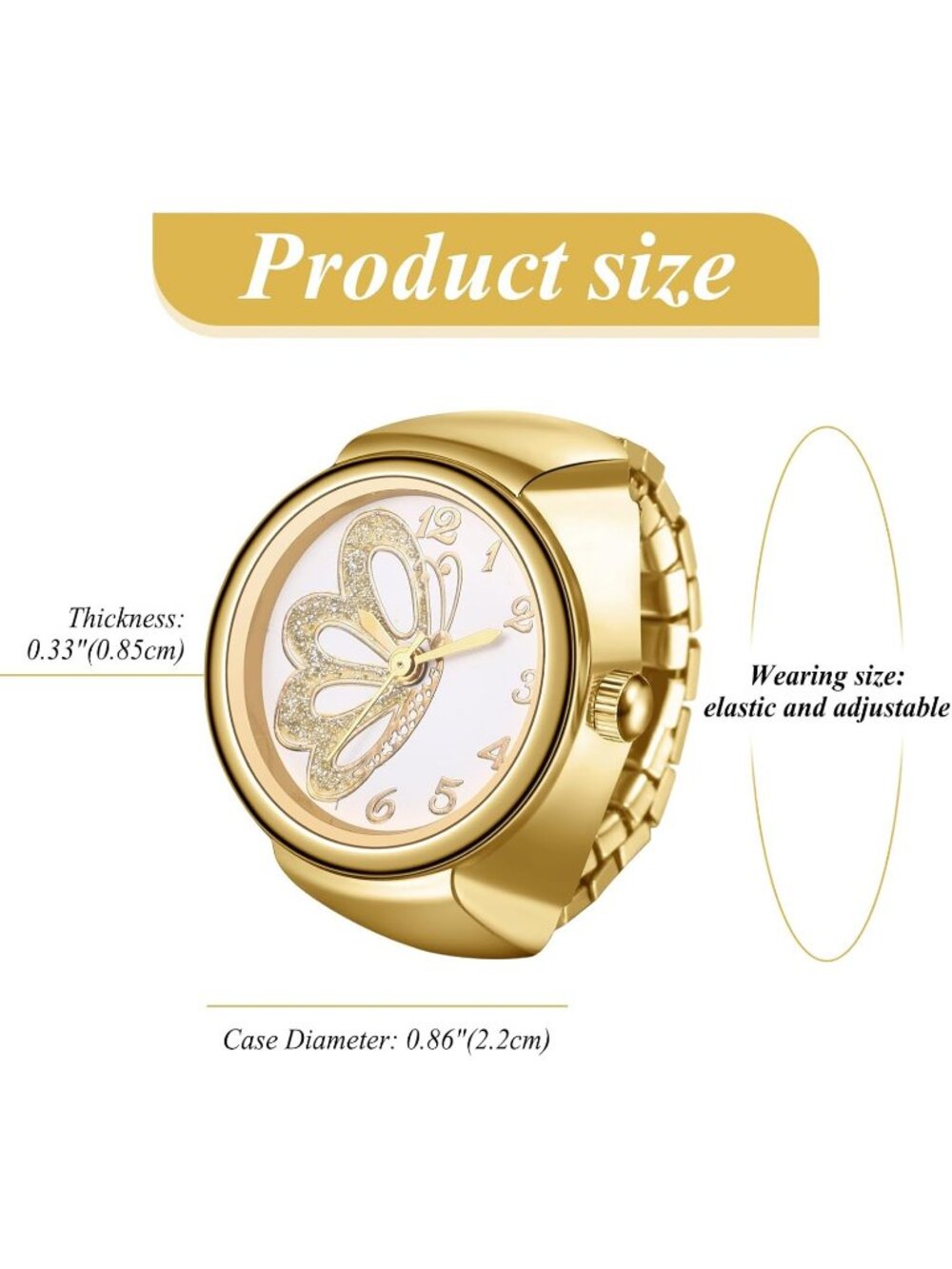 Unisex All Gold Analog Quartz Plated Elastic Butterfly Simple Finger Ring Watch - Picture 6 of 6